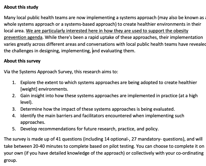 We are currently setting up a study that will explore the use of systems approaches in the UK to create healthier [weight] environments. We've worked closely with local PH teams throughout and we are now seeking some support to pilot the survey. Interested? Pls get in touch!