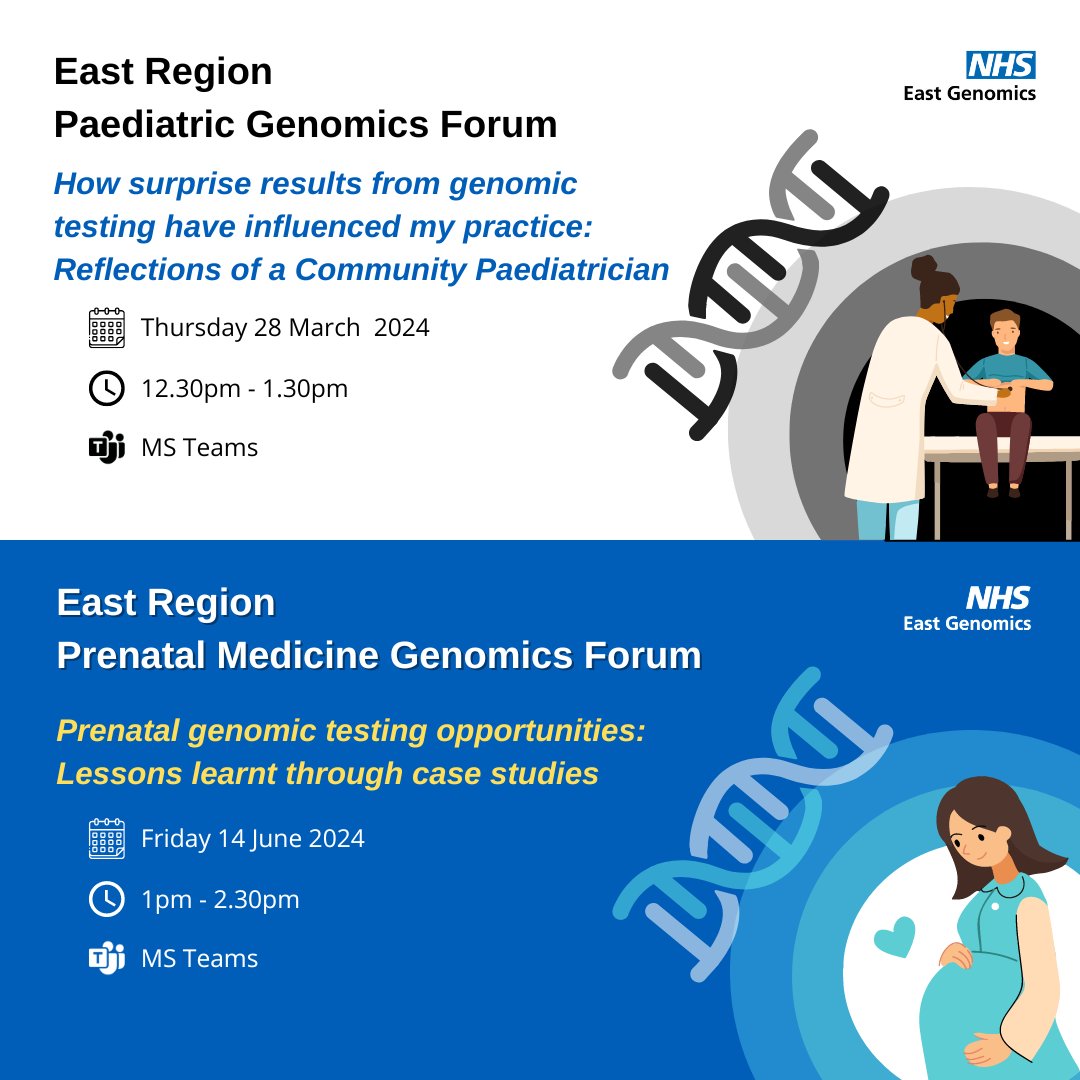 Building communities of practice... 28 March Paediatrics Forum: How surprise results from genomic testing have influenced my practice (Community Paediatrician) 14 June Prenatal Forum: Prenatal genomic testing opportunities: Lessons from case studies ℹ️ eastgenomics.nhs.uk/about-us/news-…
