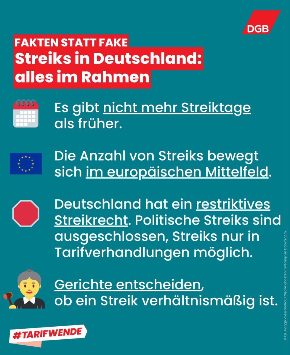 Da hier ziemlich viel Fake News umhergeistern und die Arbeitgeber und Konservativen wieder mal Stimmung gegen das #Streikrecht machen. 

Hier ein paar Fakten zu #Streik vom @dgb_news