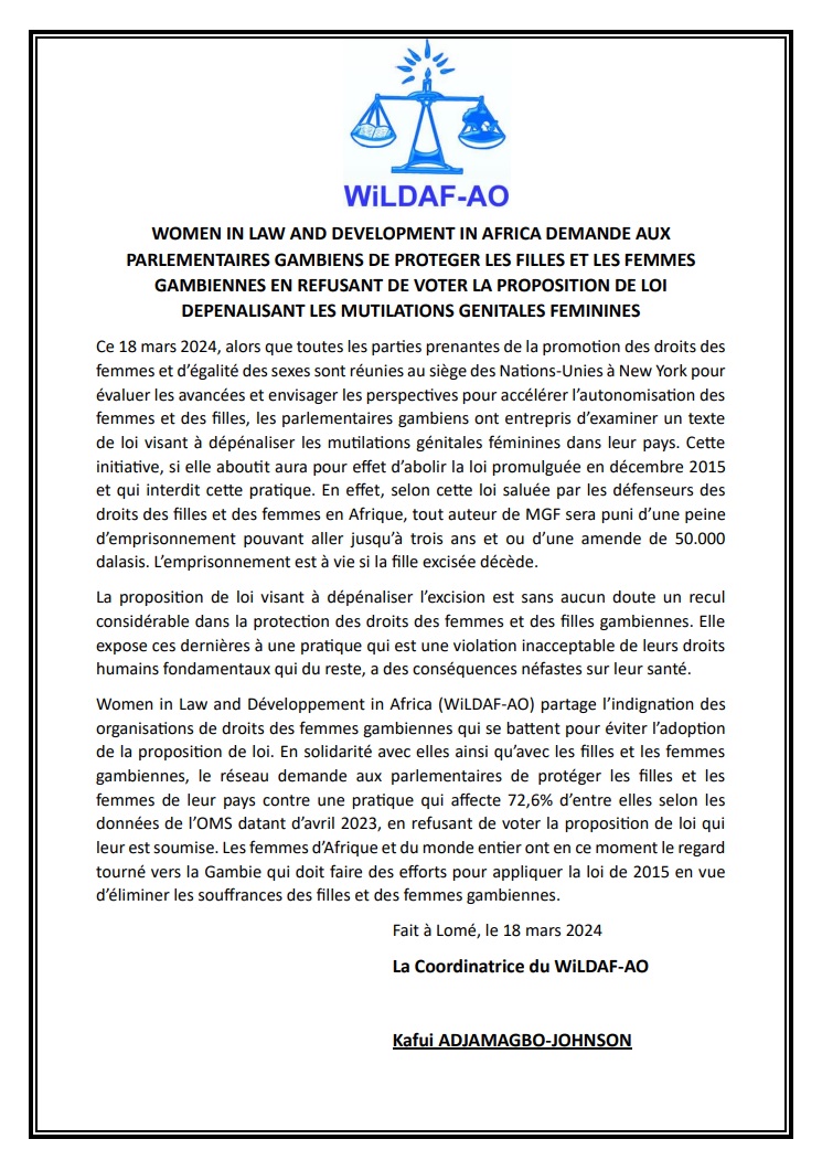 WiLDAF-AO demande aux parlementaires gambiens de protéger les filles et les femmes gambiennes en refusant de voter la proposition de loi dépénalisant les mutilations génitales féminines. #DroitsDesFemmes #Protection @UN_Women @wildaf_togo @WildafSenegal @wildaf_mali @WildafBenin