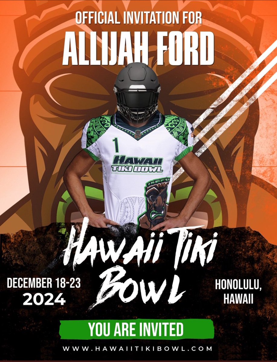 I would like to thank @HawaiiTikiBowl for the bowl game invite!!! LETS GOO!! @CoachNoon45 @CoachTorres60 @CoachCastillo77 @CoachDPearce @HawkFB_Recruit