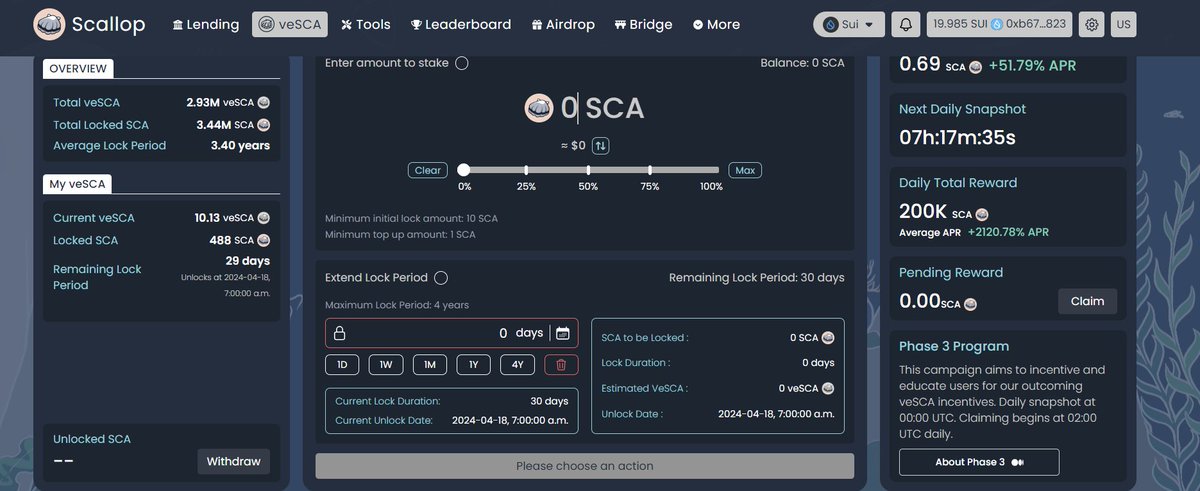 We can earn up to 2000%+APR by staking $SCA! Average lock up period for $SCA is 3.4 years.
<a href="/Scallop_io/">Scallop</a>
$SCA
<a href="/SuiNetwork/">Sui</a>
$SUI