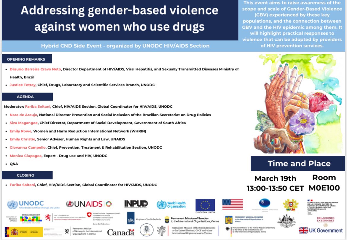 Join us! Tuesday 19 March 13:00-13:50 Room MOE100 #CND67 @UNODC_HIV Side Event ! “Addressing Gender Based Violence Against Women Who Use Drugs” will feature speakers from Brazil, South Africa, @WHRINetwork @UNAIDS @UNODC_PTRS #EndViolenceAgainstWomen