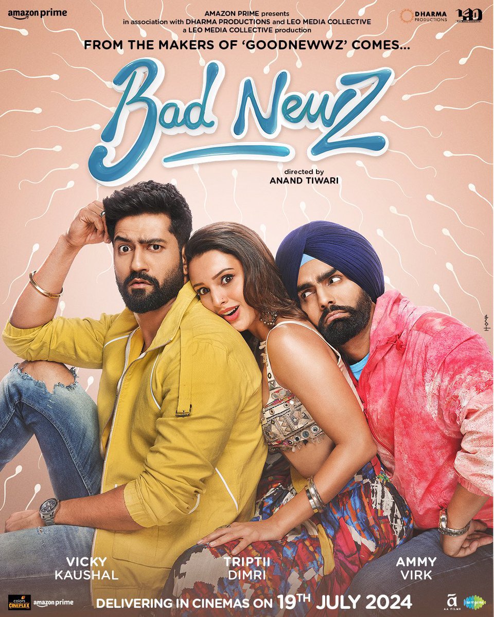 #BADNEWZ Movie 🎬
In cinemas on 19th July 2024!

#KaranJohar @apoorvamehta18 #AmpritpalSinghBindra @anandntiwari @somenmishra0 @dimplemathias @vickykaushal09 @tripti_dimri23 @AmmyVirk @NehaDhupia