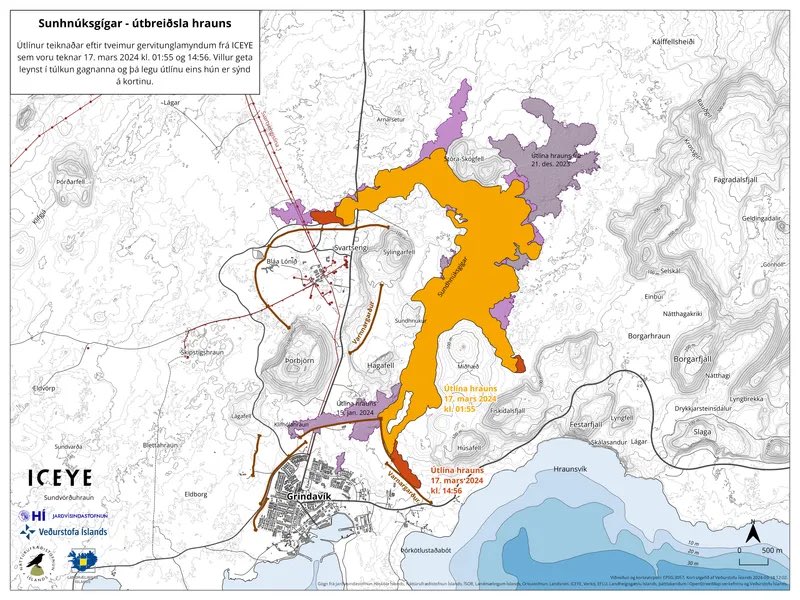 Benjamin Hennig 🦋 geoviews.bsky.social (@geoviews) on Twitter photo Lava flow update from the ongoing volcanic eruption on the Reykjanes Peninsula in Iceland as published by <a href="/Vedurstofan/">Veðurstofa Íslands / Icelandic Met Office</a>. The orange color shows the lava spread at 1:55 am on March 17. The red color shows the spread at 14:56 on the same day, covering 5.85 sq km yesterday afternoon. Lava flow update from the ongoing volcanic eruption on the Reykjanes Peninsula in Iceland as published by <a href="/Vedurstofan/">Veðurstofa Íslands / Icelandic Met Office</a>. The orange color shows the lava spread at 1:55 am on March 17. The red color shows the spread at 14:56 on the same day, covering 5.85 sq km yesterday afternoon.