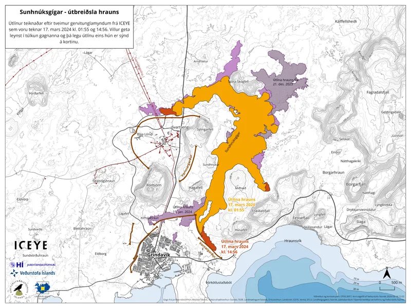 Lava flow update from the ongoing volcanic eruption on the Reykjanes Peninsula in Iceland as published by @Vedurstofan. The orange color shows the lava spread at 1:55 am on March 17. The red color shows the spread at 14:56 on the same day, covering 5.85 sq km yesterday afternoon.