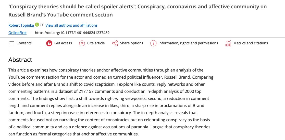 my paper on covid-scepticism and conspiracy theories in Russell Brand's YouTube comment section is out in New Media & Society I show how conspiracy theorising binds the online community together, and how Brand's followers first prompted his shift to right-wing conspiracy content