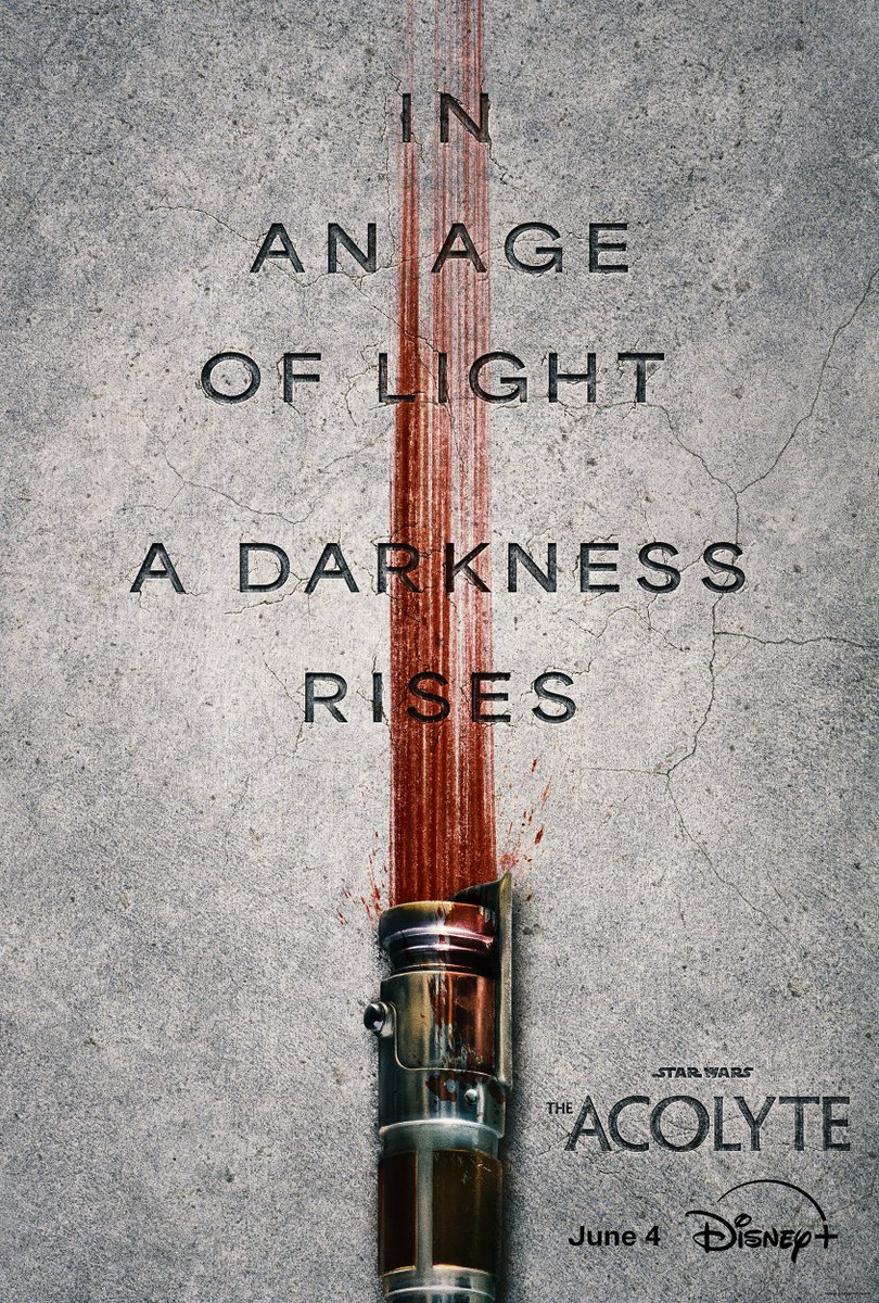 rob_keyes's tweet photo. The Acolyte poster is something *different* from usual Star Wars key art. Get ready for the trailer tomorrow morning - the early footage we saw at Star Wars Celebration a year ago was the BEST thing I saw at the event! https://t.co/2kwORfQYiD
