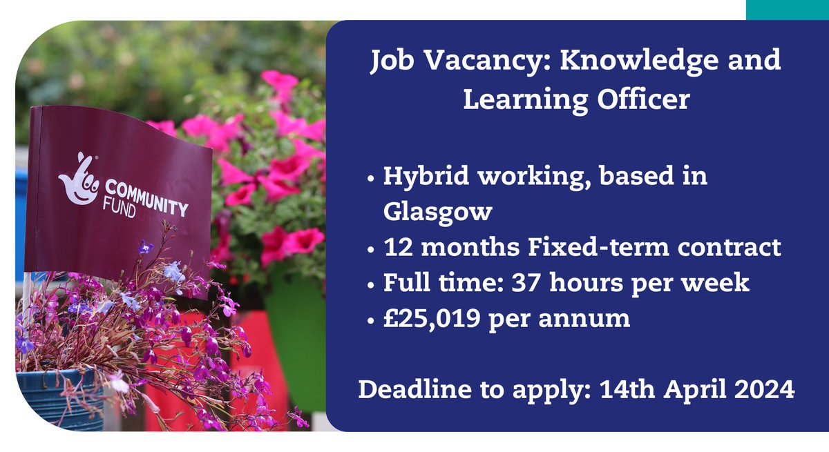 We’re recruiting! 🙌📢 Knowledge and Learning Officers (3 vacancies) ⭐️ Salary: £25,019 ⭐️ Full-time: 37 hours a week ⭐️ FTC: 12 months ⭐️ Hybrid-working, based in Glasgow. ⏰ Deadline to apply: 14/04/24 Find out more: jobs.tnlcommunityfund.org.uk/vacancies/169/…