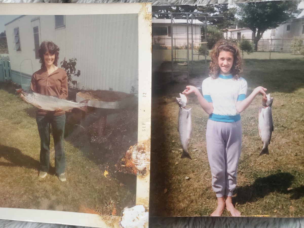 My current historical #WIP centers around salmon fishing. Was looking for this pic of me after a salmon fishing trip (right) and also came across this pic of my mom (left) before I was born, with a salmon, too. 
#PNWlife