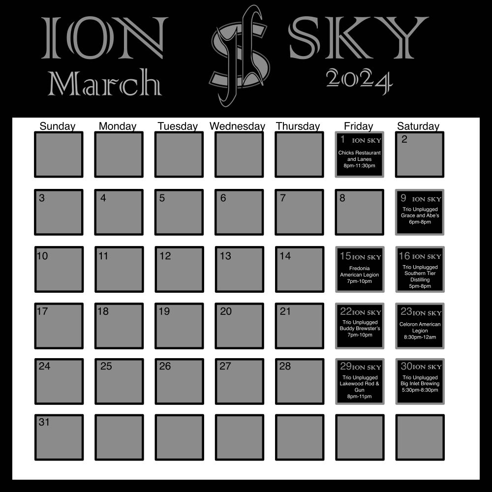 IonSkyBand's tweet photo. Need an easy way to keep track of our schedule for the month?  We've got you covered! For our full schedule,  booking options,  bios,  media and much more,  head over to
https://t.co/llgGNuFmk6 
#IonSkyBand #ionsky #livemusic #coverband #performance #schedule #supportlocal #March https://t.co/OVa3uhTRzX