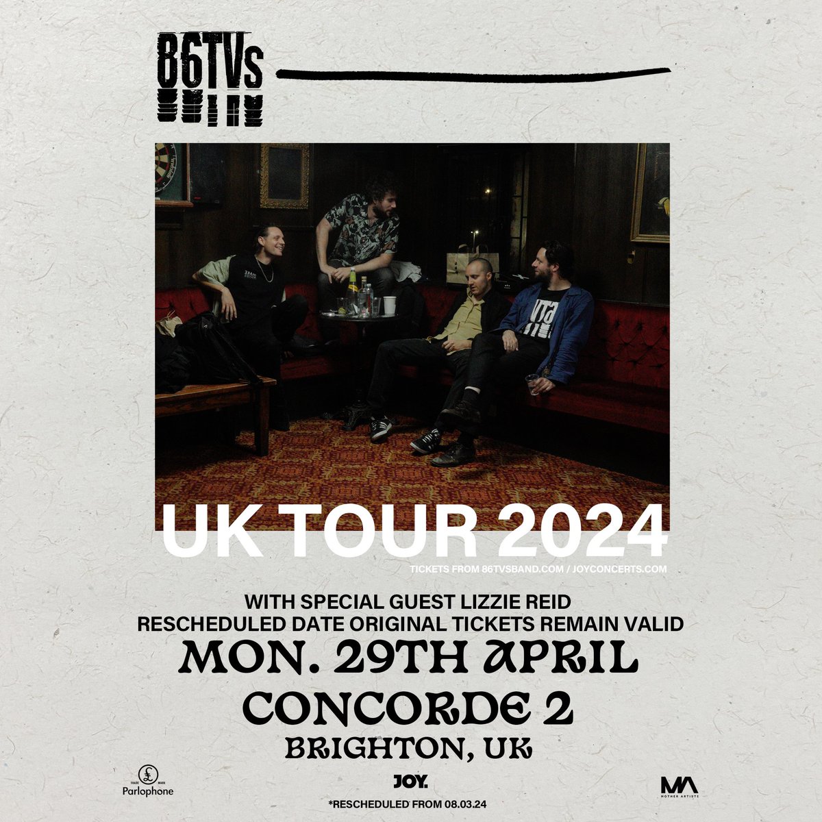 Pleased to announce that @lizziereidmusic will still be joining @86TVsband on their rescheduled date at @concorde_2 🌟 📆 Mon 29th April 🎟 bit.ly/3FAlPjY