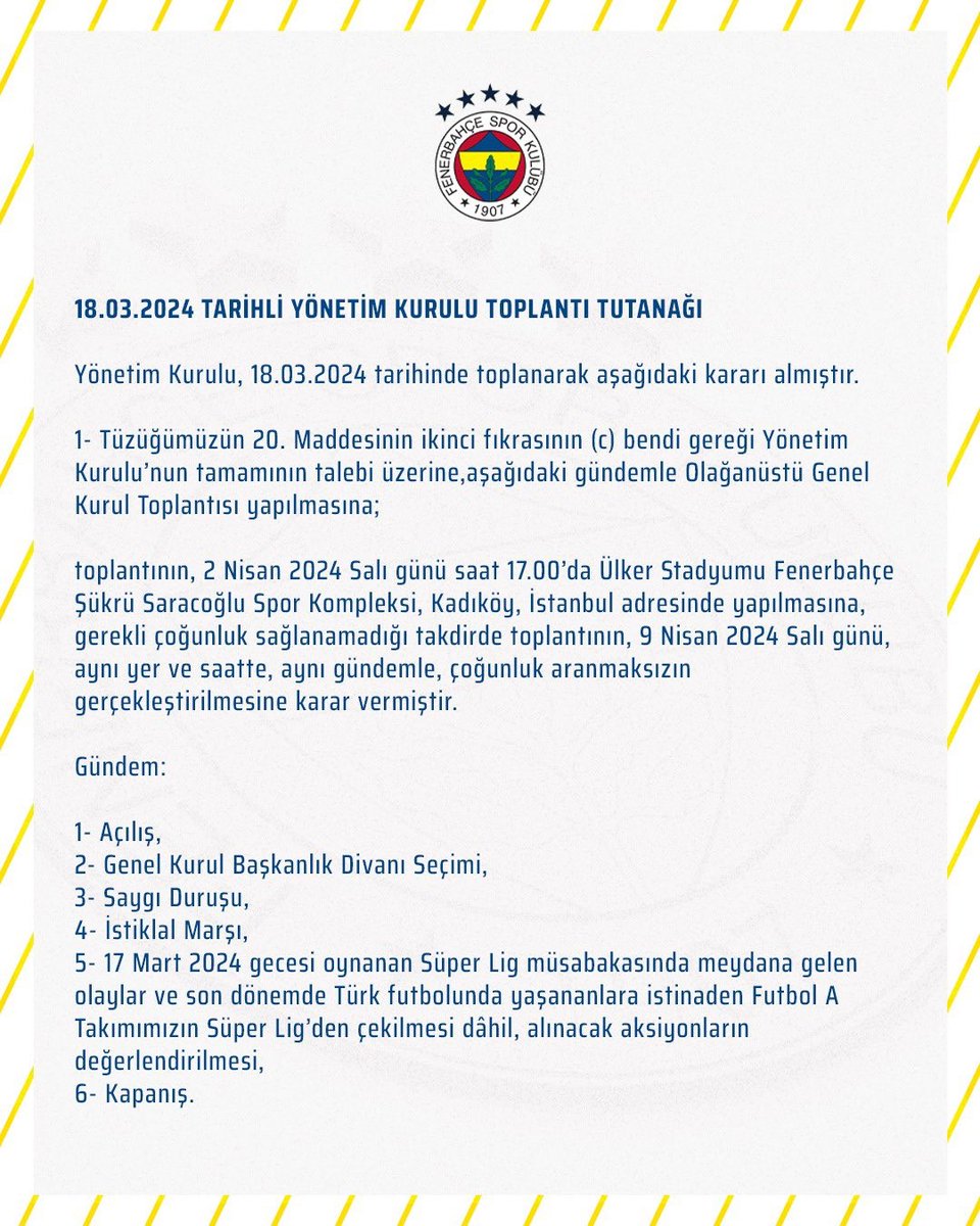 Kulübümüzün alacağı tüm kararların yanındayız. 2 Nisan 2024 Tarihinde Olağanüstü Genel Genel Kurul'a gidiyoruz.