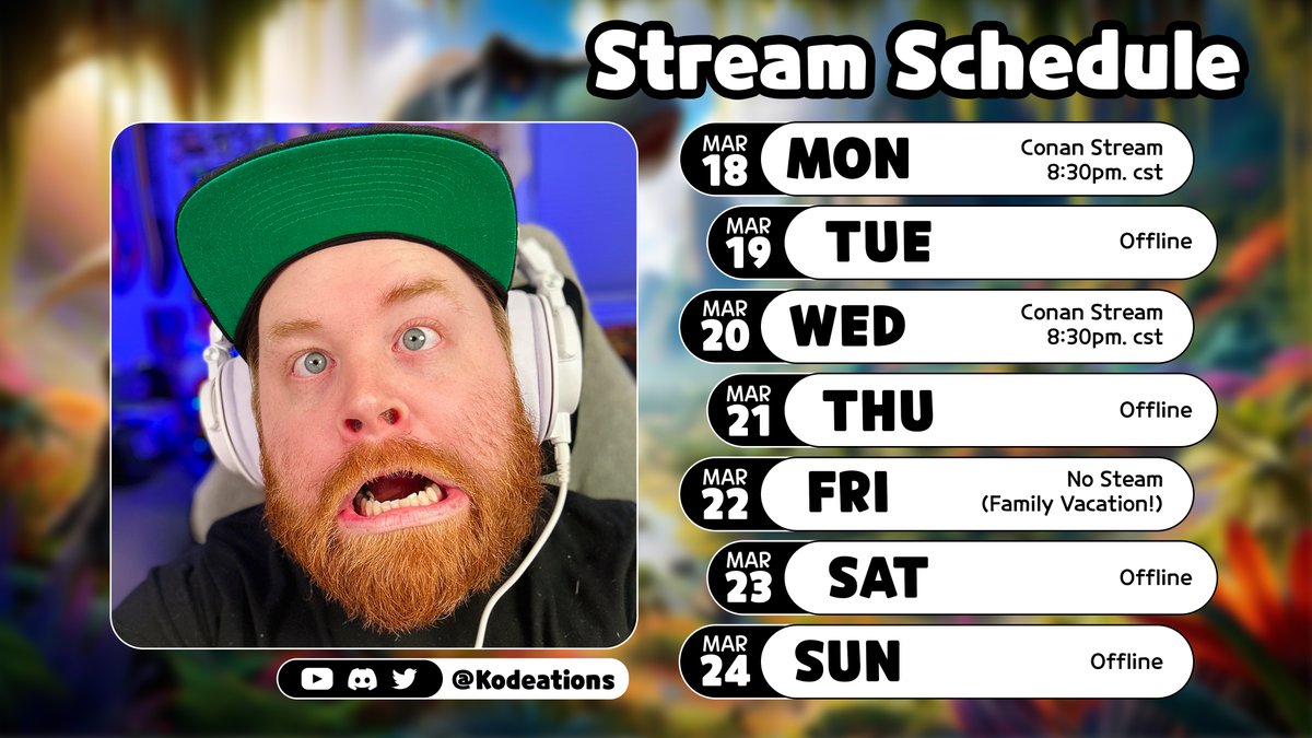 kodeations's tweet photo. BUSY Week! More @ConanExiles this week, a Funeral on Friday, Family vacation starts Friday, etc. Hope to see you all there! #conanexiles #Streaming #Contentcreator #youtuber #kodeations https://t.co/3p7sQiuY0z
