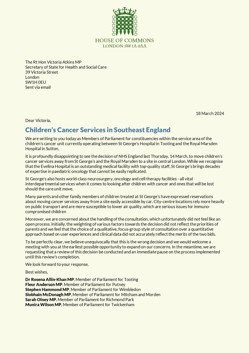 DrRosena's tweet photo. Last week, it was announced that children's cancer services will be moved away from @StGeorgesTrust in Tooting.

I have written to the Health Secretary alongside a cross-party group of South West London MPs to express our disappointment at the decision.

Read our letter here👇 https://t.co/hSjcuPR2Wx