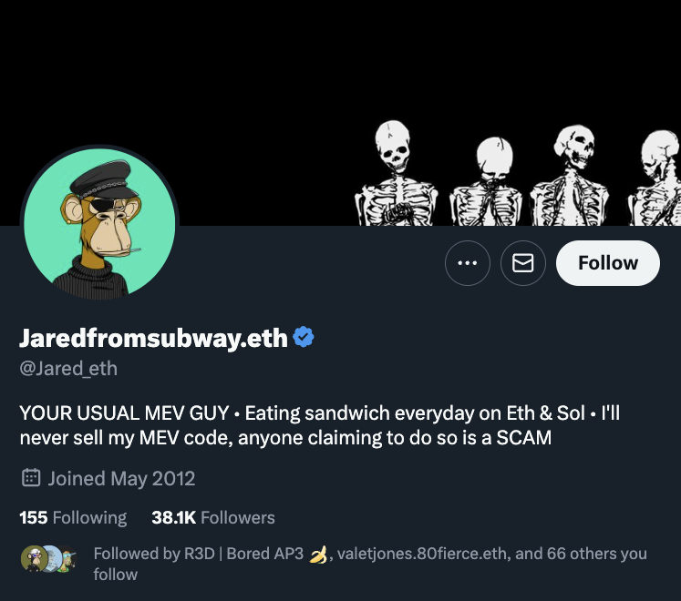 0xQuit's tweet image. Sigh, we're back to this phase. The easiest way to make a ton of money without a reputation is to impersonate somebody else and use theirs.

Prime target? Infamous MEV extraordinaire, jaredfromsubway.eth.

Jared does not have a twitter.

Jared will not launch a presale.