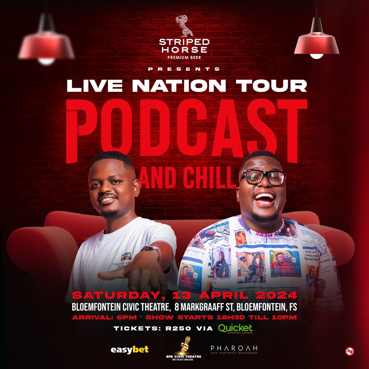 We’re rocking BLOEMFONTEIN ‼️ Join the #podcastandchillnetwork National Tour on the 13th of APRIL 2024📍 as they make their way to Free State 🚀 We’ve got an amazing experience lined just for you🔥 so secure your spot to be part of the tour 🎫 quicket.co.za/organisers/645… NB: If…