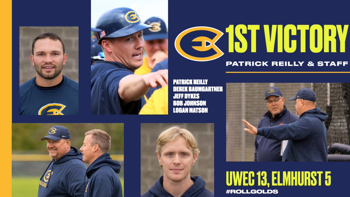 With <a href="/UWECBaseball/">UWEC Baseball</a>'s win over Elmhurst this morning, coach Patrick Reilly and the rest of his staff got their first victories as Blugolds! It's also the first career win for Reilly as a head coach #RollGolds