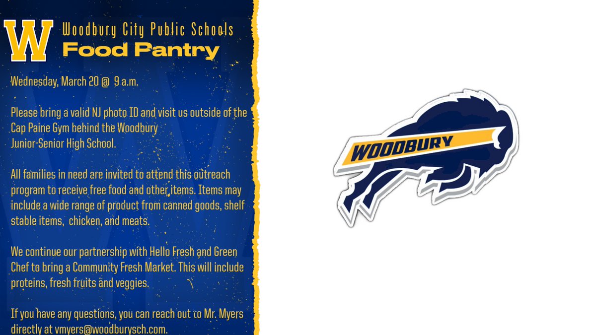 Our next pantry will take place this Wednesday, March 20 behind the Woodbury Junior-Senior High School. Please do not arrive prior to 7:45.