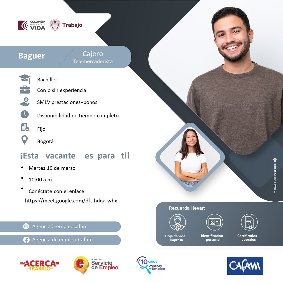 ¡ESTÁ ES TU GRAN OPORTUNIDAD!, BAGUER, importante empresa de ropa de marca busca ASESORES COMERCIALES Y CAJEROS CON O SIN EXPERIENCIA.
Te invitamos a nuestra convocatoria VIRTUAL el día mañana MARTES 19 DE MARZO DEL 2024
 ingresar: meet.google.com/dft-hdqa-whx