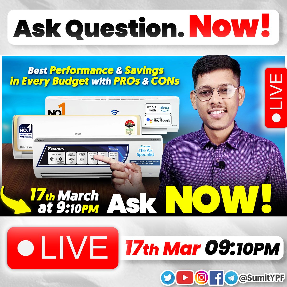 sumitypf's tweet photo. Join me in this informative livestream where I can assist you in finding the most suitable Air Conditioners based on your requirements. You'll gain valuable knowledge and insights about the topic, which will help you make an informed d...
#BestAC #TopAC #bestac2024 #Best1.5TonAC https://t.co/Ozsw8dblwT