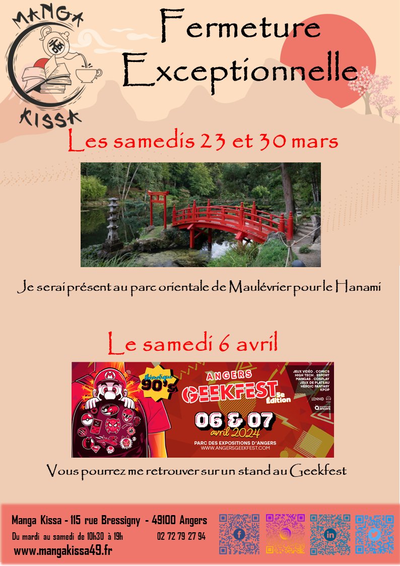 MangaKissa49's tweet photo. Le magasin sera fermé exceptionnellement les samedis 23 et 30 mars ainsi que le 6 avril 😉

Vous pourrez me retrouver :
   - au parc orientale de Maulévrier les 2 derniers week-end de mars 🤩
   - �� la Geekfest le week-end du 6 et 7 avril 😍

#mangakissa https://t.co/tKzW3qfFMz