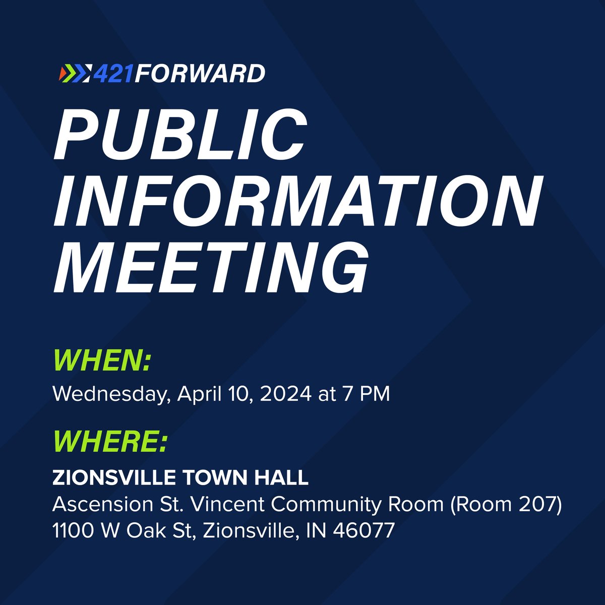 We're less than a month away from a Public Information Meeting for the 421 Forward project. Join us on April 10 at 7 p.m. at Zionsville Town Hall in the Ascension St. Vincent Community Room (Room 207) to learn more about this project or visit our website: bit.ly/432sZse