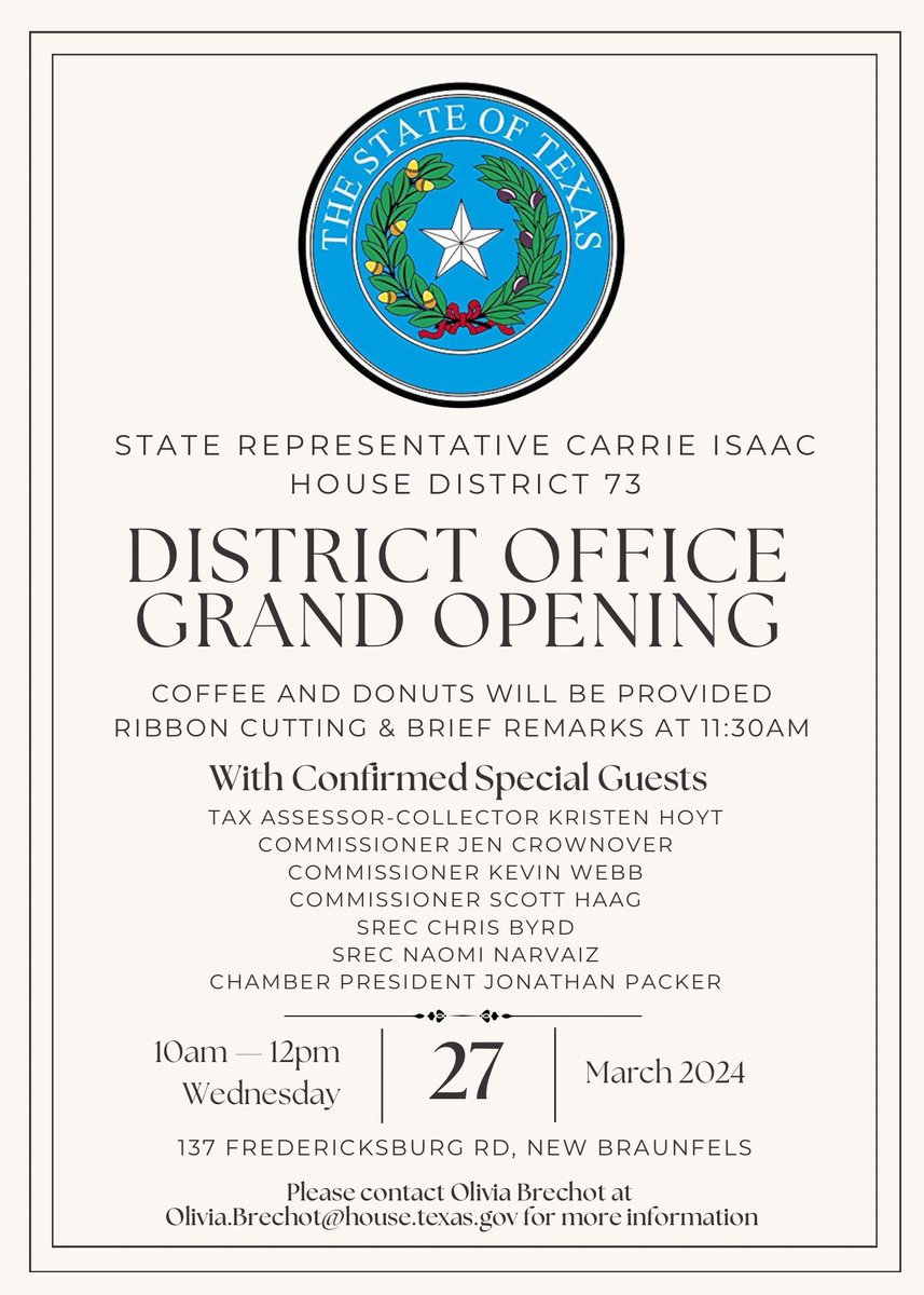 I am thrilled to announce the grand opening of my new district office in the heart of New Braunfels!  You are personally invited to the official grand opening of my district office on March 27th. We will host an open house for constituents and guests from 10am to 12pm, with a…