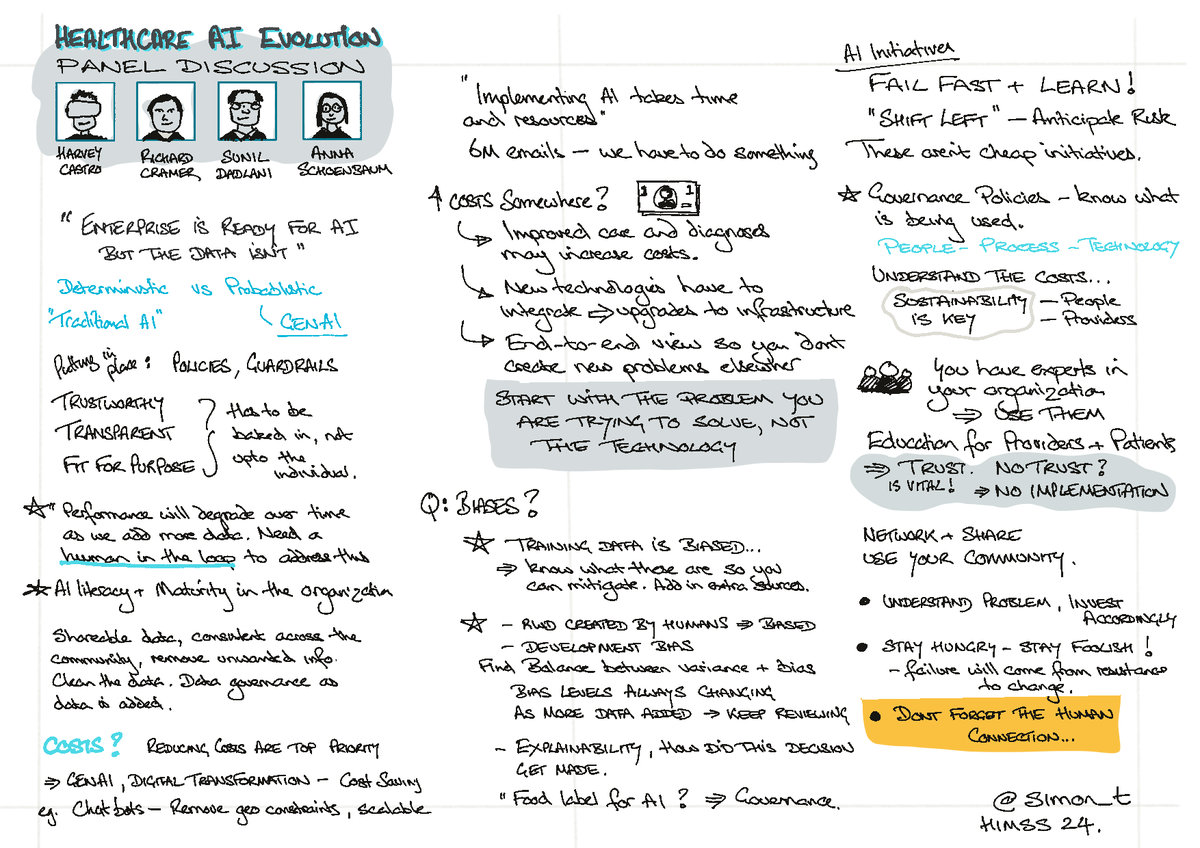 Here's a #sketchnote from last week's #HIMSS24 panel on Healthcare #AI Evolution, hosted by <a href="/HarveycastroMD/">Harvey Castro, MD, MBA</a> with Anna Schoenbaum, Richard Cramer, and Sunil Dadlani. Some great quotes, but "Start with the problem you are trying to solve, not the [#AI] technology" is a big one!