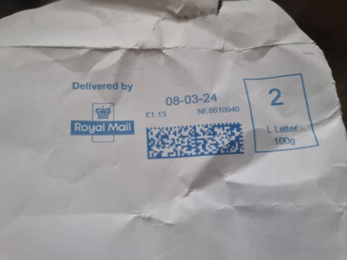 Charlousaurus's tweet image. @RoyalMailHelp @RoyalMail Pretty unacceptable that a letter posted on the 8th March, second class has taken 10 days to arrive with me, put through my door in this state today. Yet you have still put the cost of postage up! #royalmail #postagecosts #2ndclass
