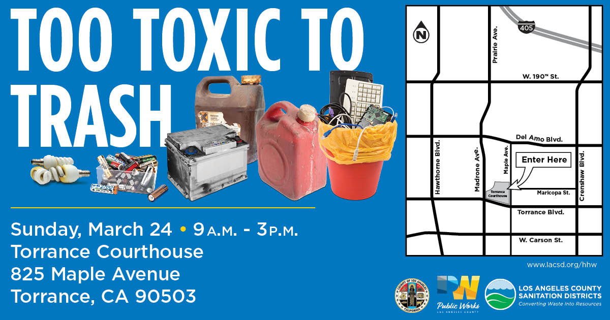 FREE Household Hazardous Waste & #EWaste Roundup on Sun Mar 24 at the #Torrance Courthouse (825 Maple Avenue) from 9am to 3pm. Bring paints, oils, batteries, sharps, computers, TVs & more. Open to all of #LACounty! Learn more here ➡️lacsd.org/home/showpubli… ♻️#recycle #community