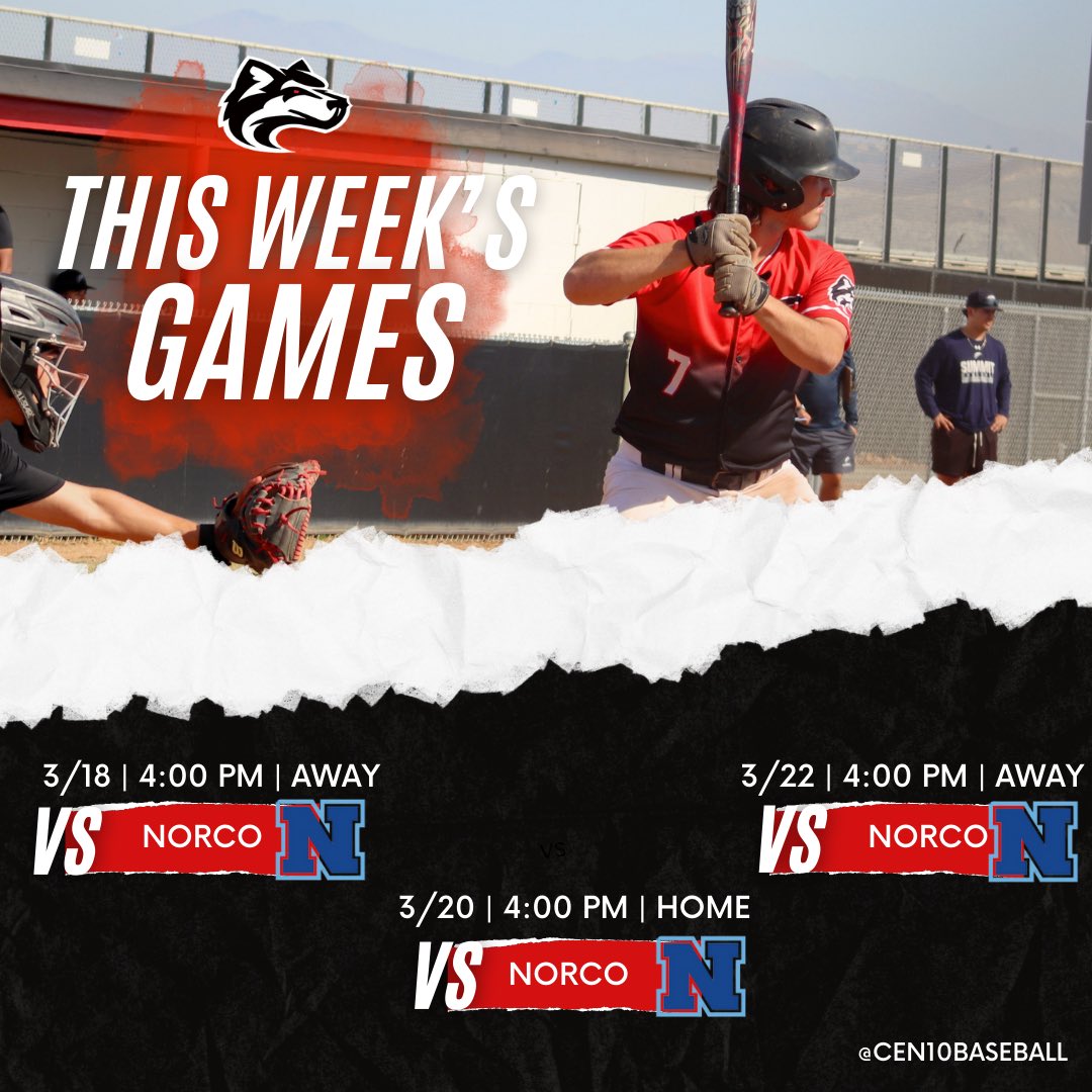 🚨 THIS WEEK’S GAMES 🚨 The Huskies will be going against Norco this week in a 3 game series. Come out and support‼️ #Cen10baseball #GameDay