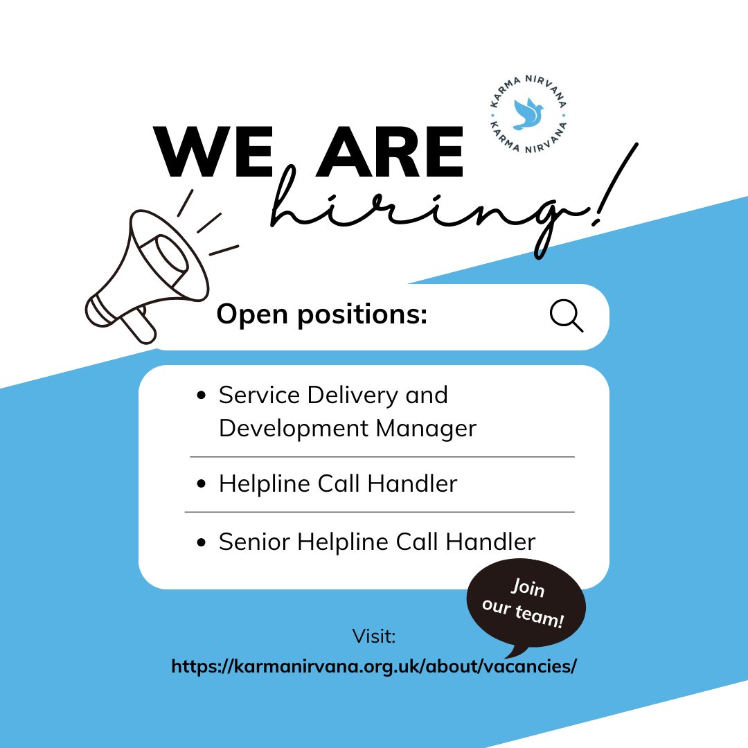 We're hiring!

We have exciting opportunities available and are looking for motivated individuals to join our team.

Read more about our vacancies on our website - karmanirvana.org.uk/about/vacancie…

#jobsearch #Job #hiring #vacancy #Opportunity #honourbasedabuse #forcedmarriage