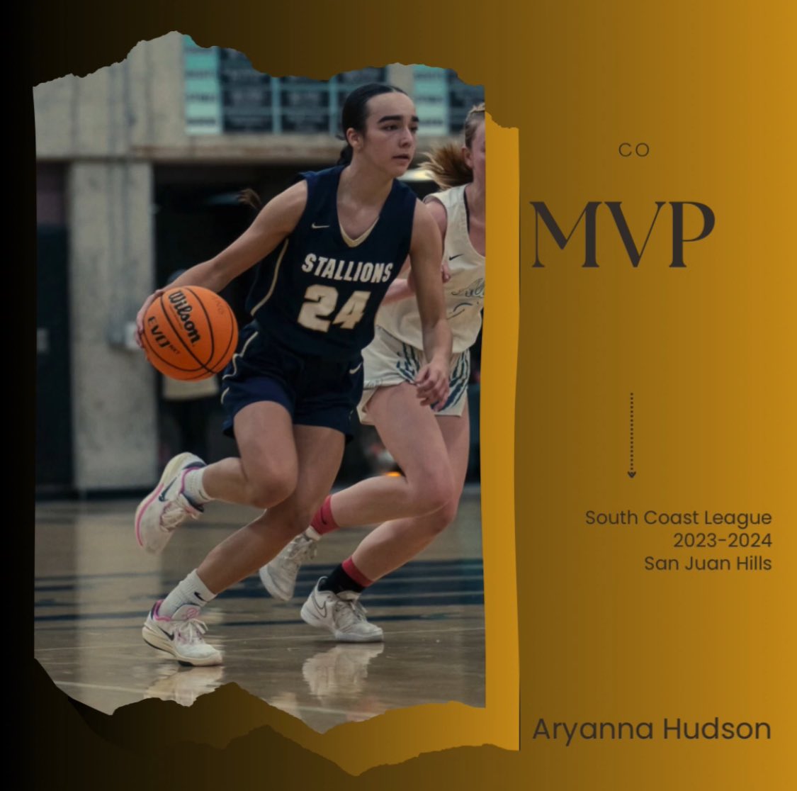 Aryanna Hudson has been selected as co MVP of the South Coast League! Described by her coach as steady, solid, and dependable with a work ethic that is inspiring. She avg 15.5pts/5.2ast on her way to: -League title -D1 playoff win -1262 career pts -513 career ast-school record
