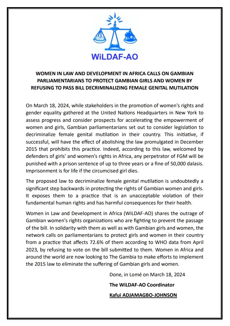 Women in law and development in africa calls on gambian parliamentarians to protect gambian girls and women by refusing to pass bill decriminalizing female genital mutilation @AJK_Togo @UN_Women @WiLDAFGhana @wildaf_ci @WiLDAFTz @wildafmali