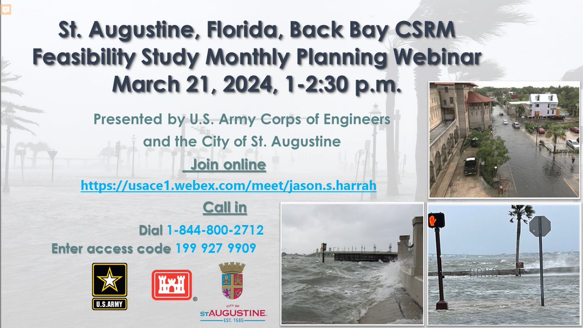 Join USACE and the City of St. Augustine on Thursday, March 21, from 1-2:30 p.m. for the St. Augustine Back Bay Study planning update and webinar. Join online at usace1.webex.com/meet/jason.s.h… or dial in at 1-844-800-2712; enter access code 199 927 9909 when prompted. @CityStAug