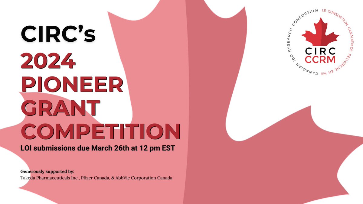 The Canadian IBD Research Consortium (CIRC) (@circ_ccrm) on Twitter photo There's just one more week before #LOIs for our 2024 PIONEER #GrantCompetition are due! Make sure to double-check the terms while you prepare your submissions: circ-ccrm.ca/pioneer-grant/
Thank you <a href="/TakedaPharma/">Takeda</a>, <a href="/PfizerCA/">Pfizer Canada</a>, and <a href="/abbviecanada/">AbbVie Canada</a> for supporting this $1M #researchgrant! There's just one more week before #LOIs for our 2024 PIONEER #GrantCompetition are due! Make sure to double-check the terms while you prepare your submissions: circ-ccrm.ca/pioneer-grant/
Thank you <a href="/TakedaPharma/">Takeda</a>, <a href="/PfizerCA/">Pfizer Canada</a>, and <a href="/abbviecanada/">AbbVie Canada</a> for supporting this $1M #researchgrant!