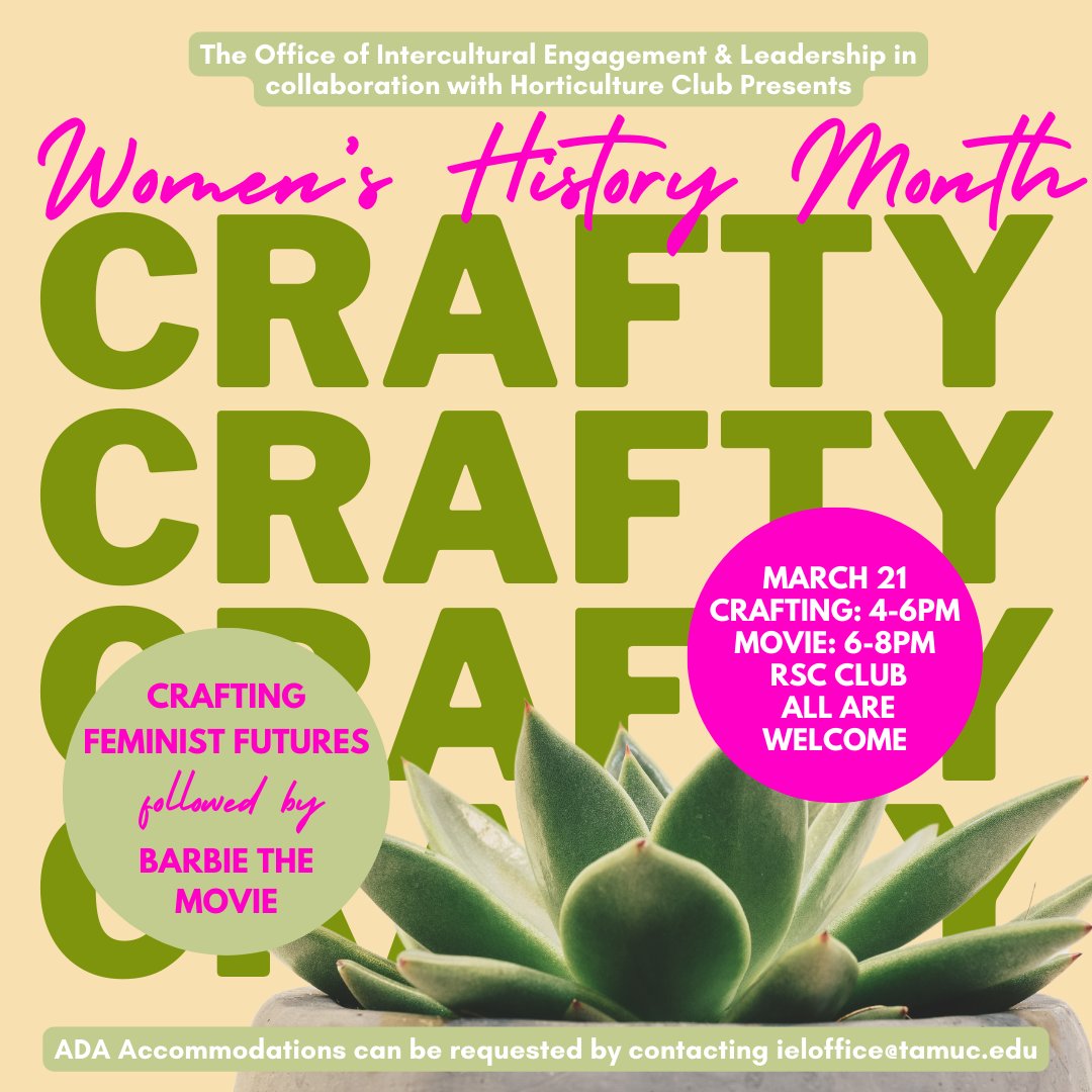 🎨 In collaboration with the Horticulture Club, from 4-6pm, let's weave together stories of strength, creativity, and resilience in Crafting Feminist Futures, a plant-based workshop! Followed by the Barbie Movie at 6pm!🌱✊🌺 #WHM #CraftingFeministFutures #Empowerment