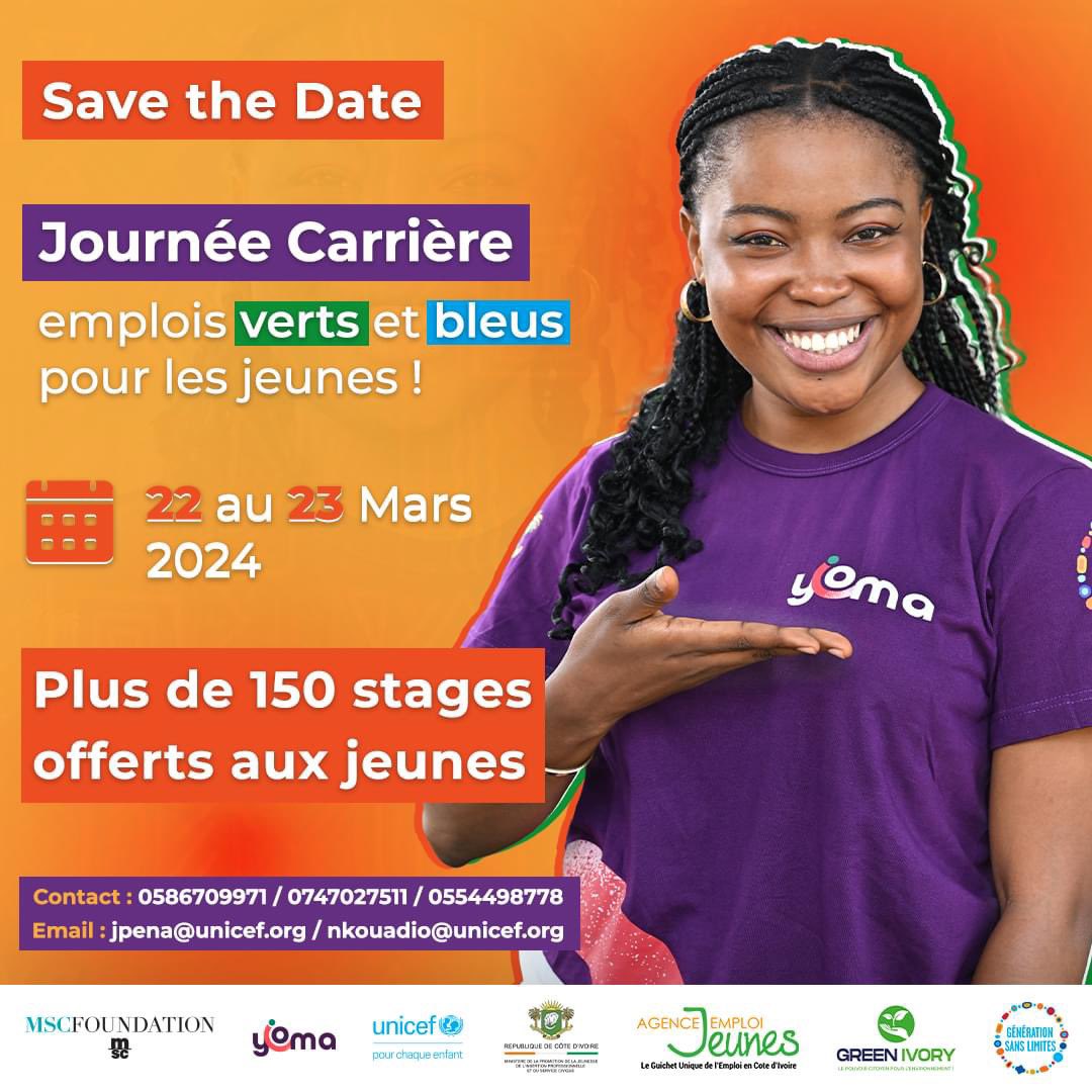 Tu es à la recherche d’une opportunité de stage ou de formation ? 
Ne manque pas cette occasion !  
Inscris - toi sur : uni.cf/3Po6iZZ 
#JournéeCarrière #YomaCi #GreenYoma @UNICEF_CIV @UNICEFDRC @USAauCongo