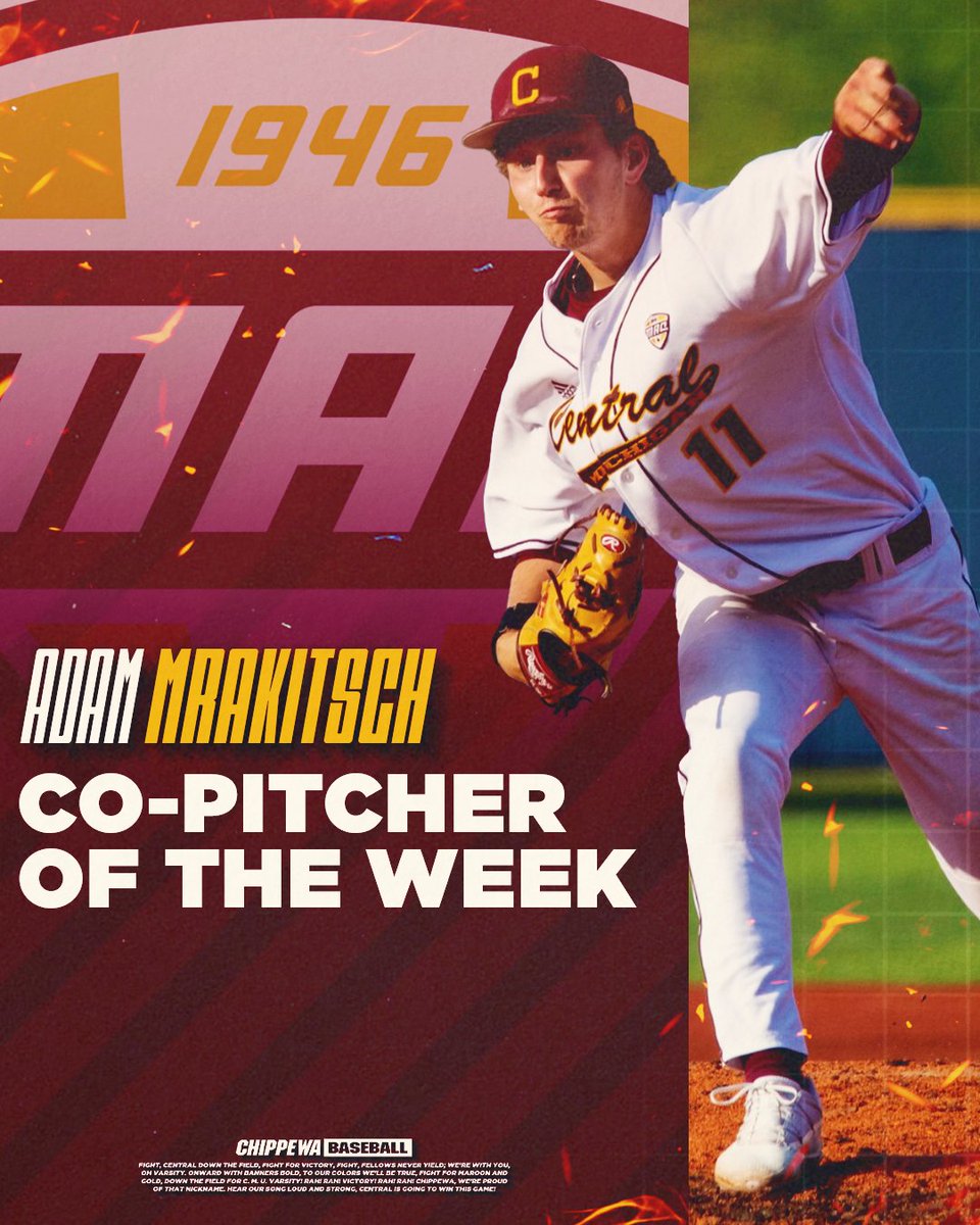 💪 Adam did this thing this weekend! He was selected as MAC Co-Pitcher of the Week after tying his career-high 11 strikeouts and 8 scoreless innings in Friday's game against Miami Ohio! #FireUpChips🔥⬆️⚾