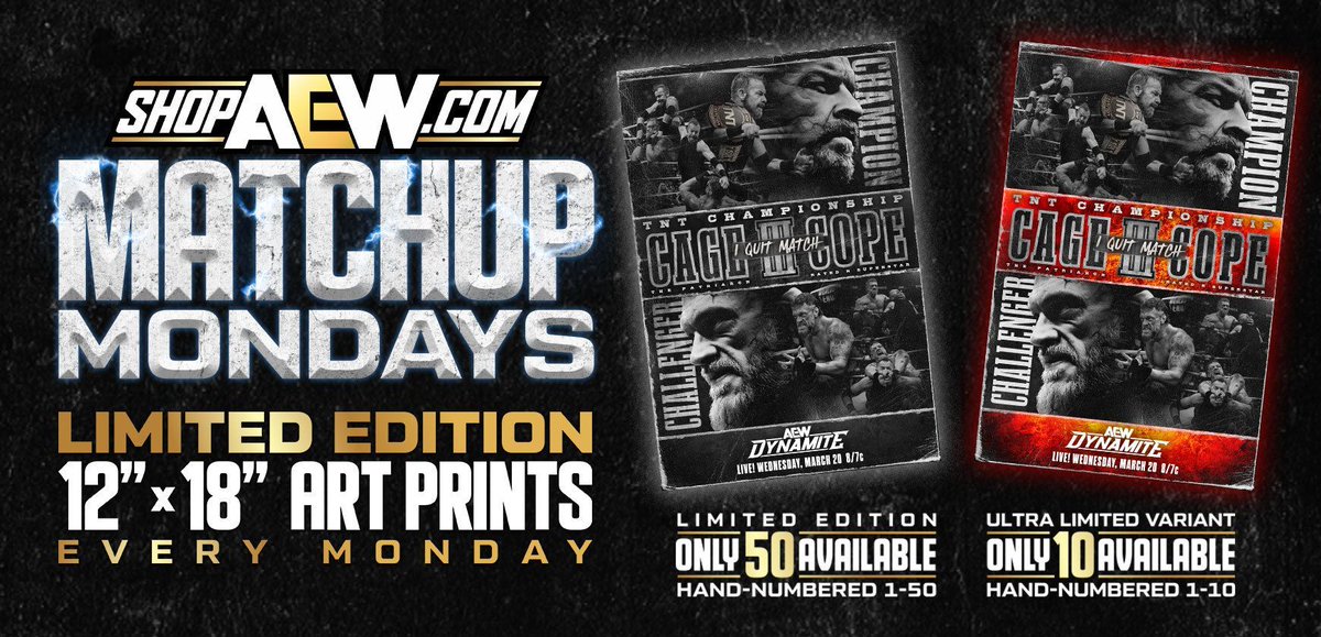 It’s Matchup Monday! Check out this week’s limited edition Adam Copeland @ratedrcope vs. Christian Cage @christian4peeps #AEWDynamite matchup art prints that are available at ShopAEW.com! They will be hand numbered. Don’t miss out!