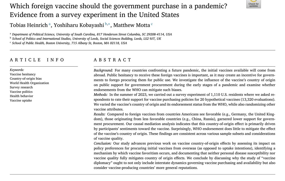 NEW from Toby Heinrich, Yoshi Kobayashi, & I at @socscimed. We present conjoint experimental evidence that vax 'country of origin' effects influence vaccine purchasing policy preferences. sciencedirect.com/science/articl…