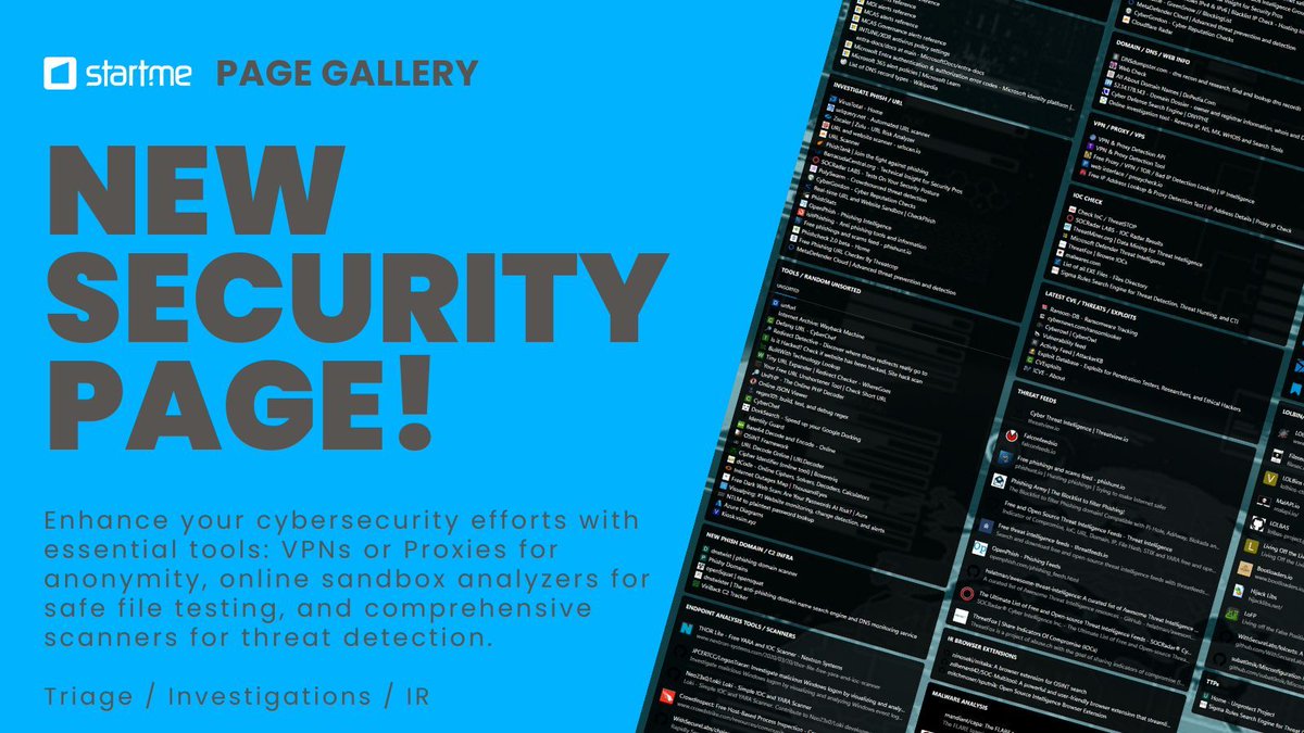 🔒 Boost your cybersecurity game! Dive into this hub for essential tools: 🛡️ VPNs/Proxies for privacy, 🧪 Online sandbox analyzers for safe testing, and 🕵️‍♂️ Scanners for threat detection. #CybersecurityEssentials start.me/p/m6bBNv/triag…