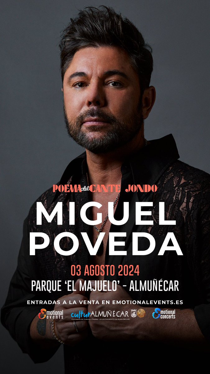 El 3 de agosto tienes una cita con @miguelpoveda. El artista estará presentando en el parque ‘El Majuelo’, en Almuñecar, su gira ‘Poema del cante jondo’. 🎫 Entradas a la venta mañana martes a las 12h. #miguelpoveda #almuñecar #emotionalevents #poemadelcantejondo #flamenco
