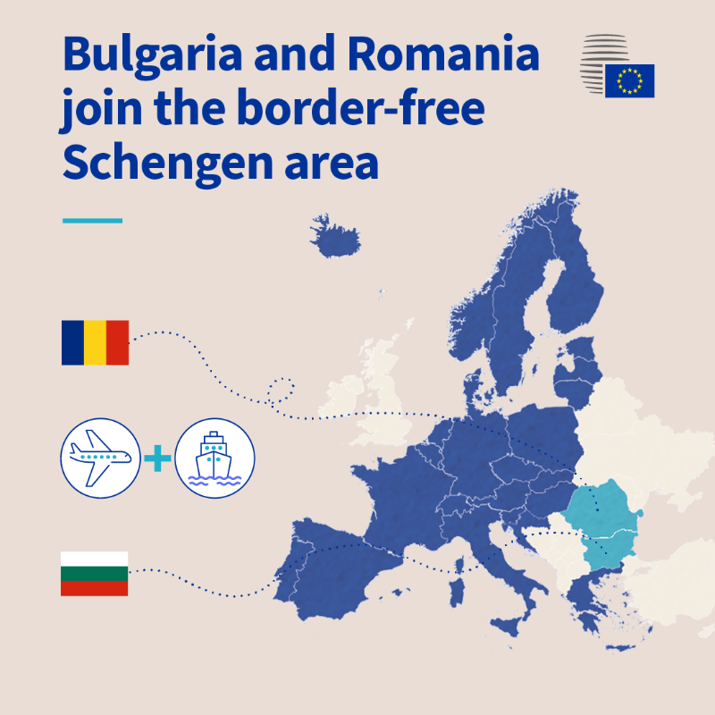 EUCouncil's tweet photo. Today is a big day for 🇧🇬 Bulgaria and 🇷🇴 Romania in #Schengen.

Internal air and maritime border controls have now been lifted. 

More about the Schengen area ⬇️