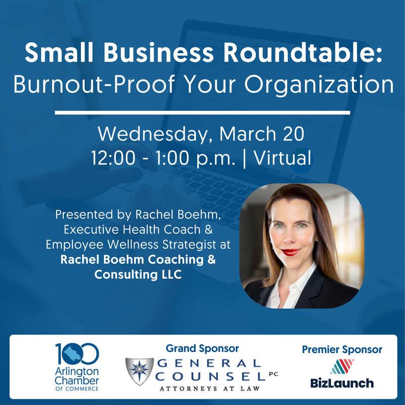 ArlVAChamber's tweet photo. Join this Small Business Roundtable talk on burnout prevention. Business psychologist and employee well-being consultant @RachelBoehm, Rachel Boehm Coaching &amp; Consulting LLC, will share the top contributing factors and red flags that signal burnout. https://t.co/BT7dazrKXH https://t.co/AQUdUGZMD3