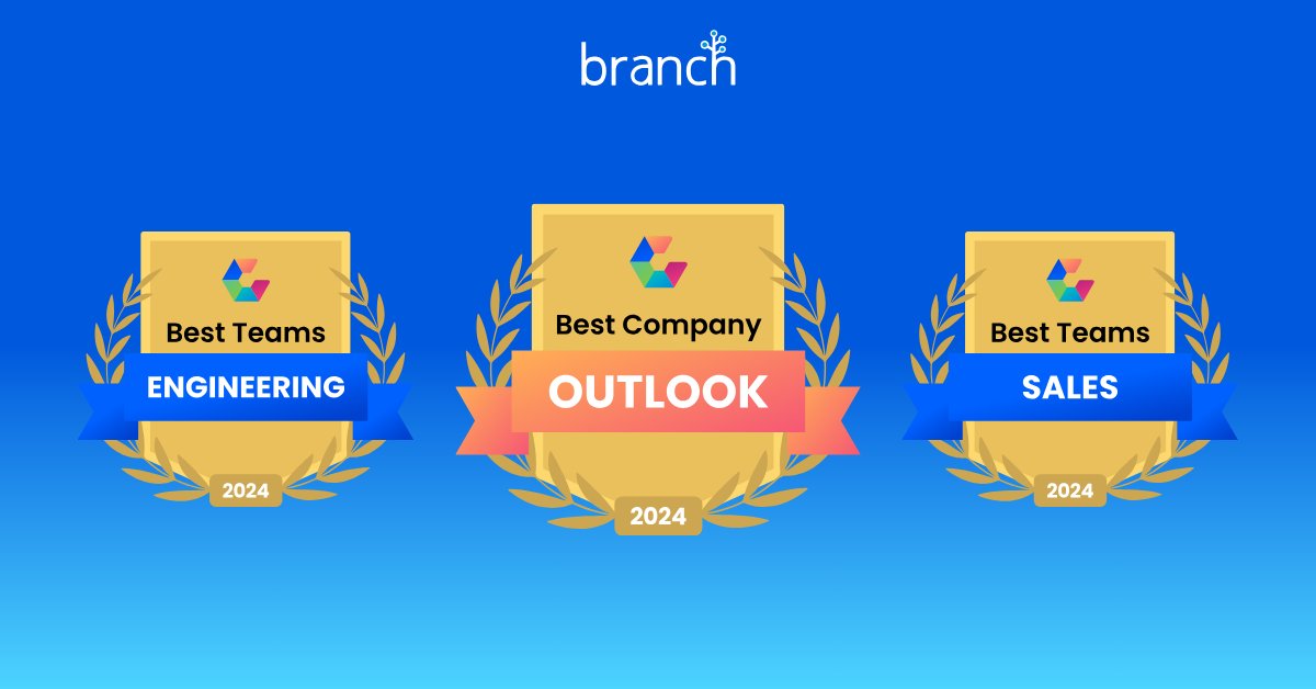 We're excited to share that Branch has been honored with not one, but three prestigious awards! Alongside our recent Best Company Outlook award from Comparably, we're also proud recipients of the Best Sales Teams and Best Engineering Teams awards. 👏