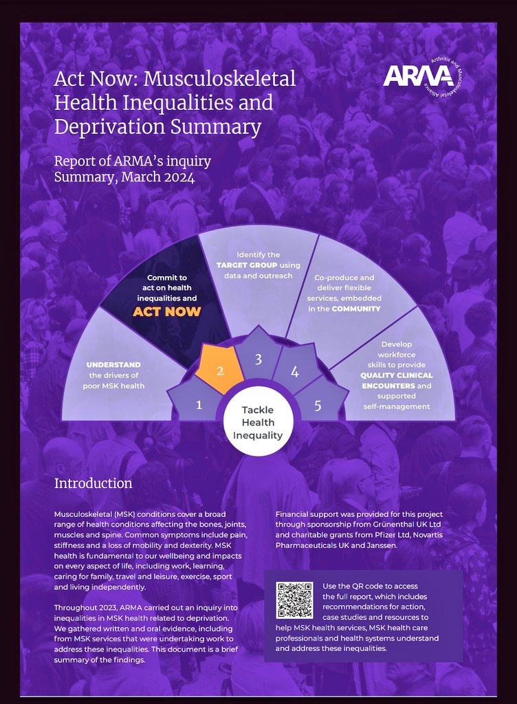 'Act Now: Musculoskeletal #HealthInequalities and Deprivation Summary' Report from @WeAreARMA Fantastic to see this published & knowing all of the hard work behind the scenes in order to conduct & complete such an important Inquiry @SueBrownSB arma.uk.net/msk-health-ine… #MSK