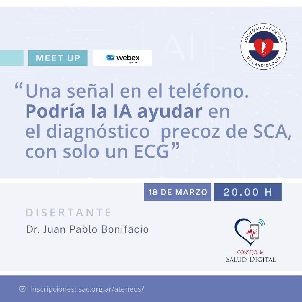 HOY LUNES 18 de MARZO! Muchas personas tienen relojes inteligentes.. ¿Podrían estos ayudarnos a diagnosticar un SCA? No te lo pierdas: sac.org.ar/evento/meetup-…