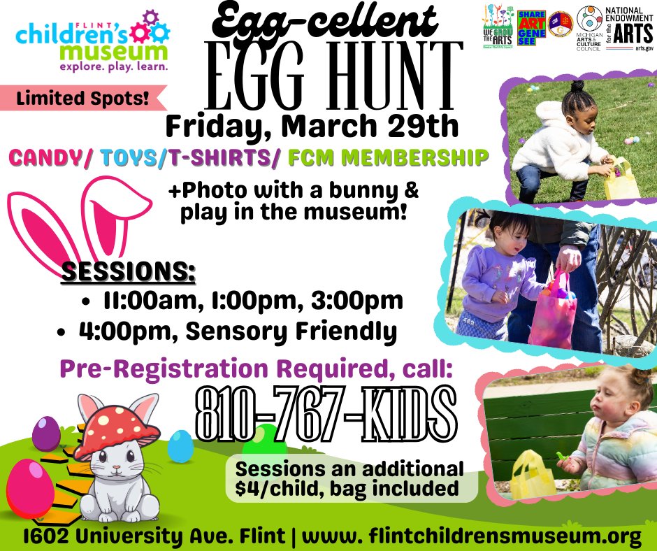 FlintChildrensM's tweet photo. Hop into Sproutside to find hundreds of eggs! Register now to save your spot for the annual FCM Egg Hunt by calling 810-767-5437. Find yummy candy, plush prizes, and even a family membership! https://t.co/12LaAJQVaO